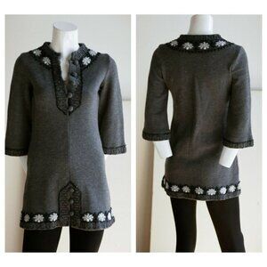 Vintage A line Wool Knit Beaded Floral Tunic  or Mini Dress XS/S